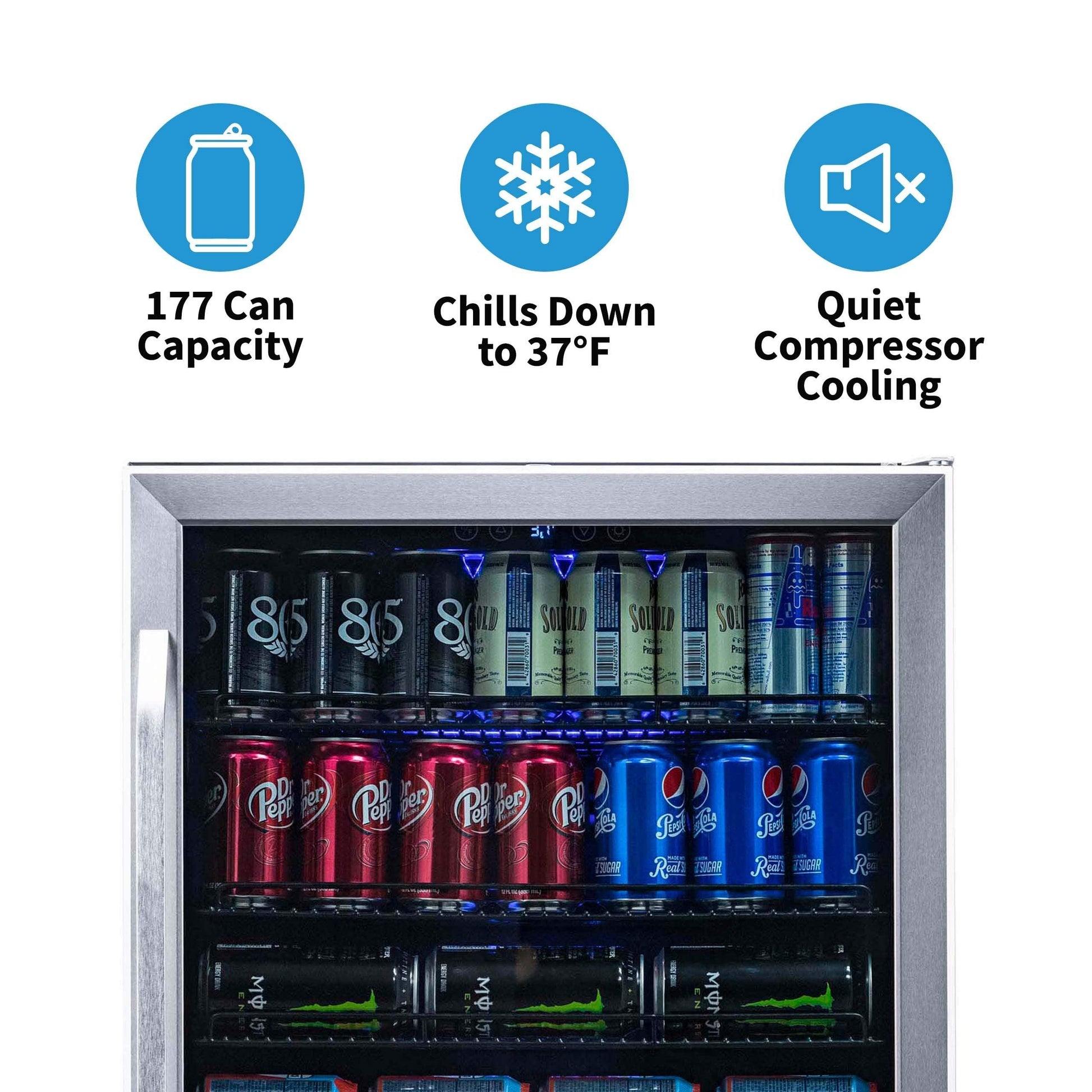 NewAir Beverage Refrigerator Cooler with 177 Can Capacity - Stainless Steel Mini Bar Beer Fridge with Reversible Hinge Glass Door - Cools to 37F - CookCave