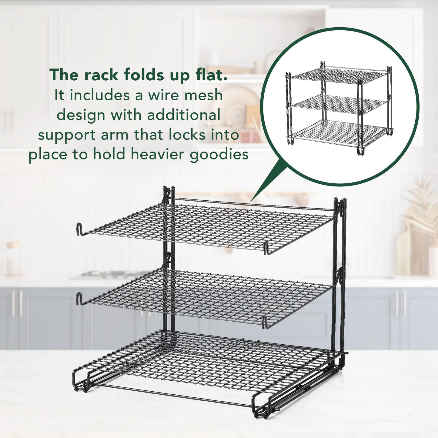 Nifty 3-Tier Cooling Rack – Non-Stick Coating, Wire Mesh Design, Dishwasher Safe, Collapsible Kitchen Countertop Organizer, Use for Baking Cookies, Cakes, Pies - CookCave