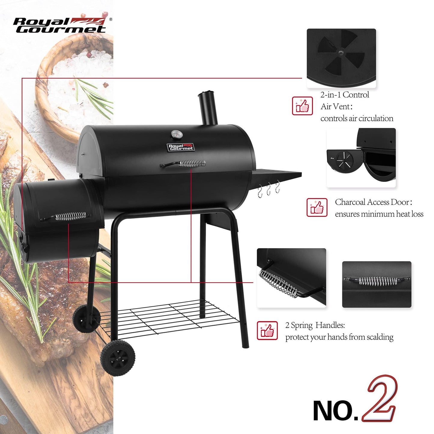 Royal Gourmet CC1830RC 30 Barrel Charcoal Grill with Offset, 811 Square Inches Smoker with Cover for Outdoor Garden, Patio, and Backyard Cooking, Black - CookCave