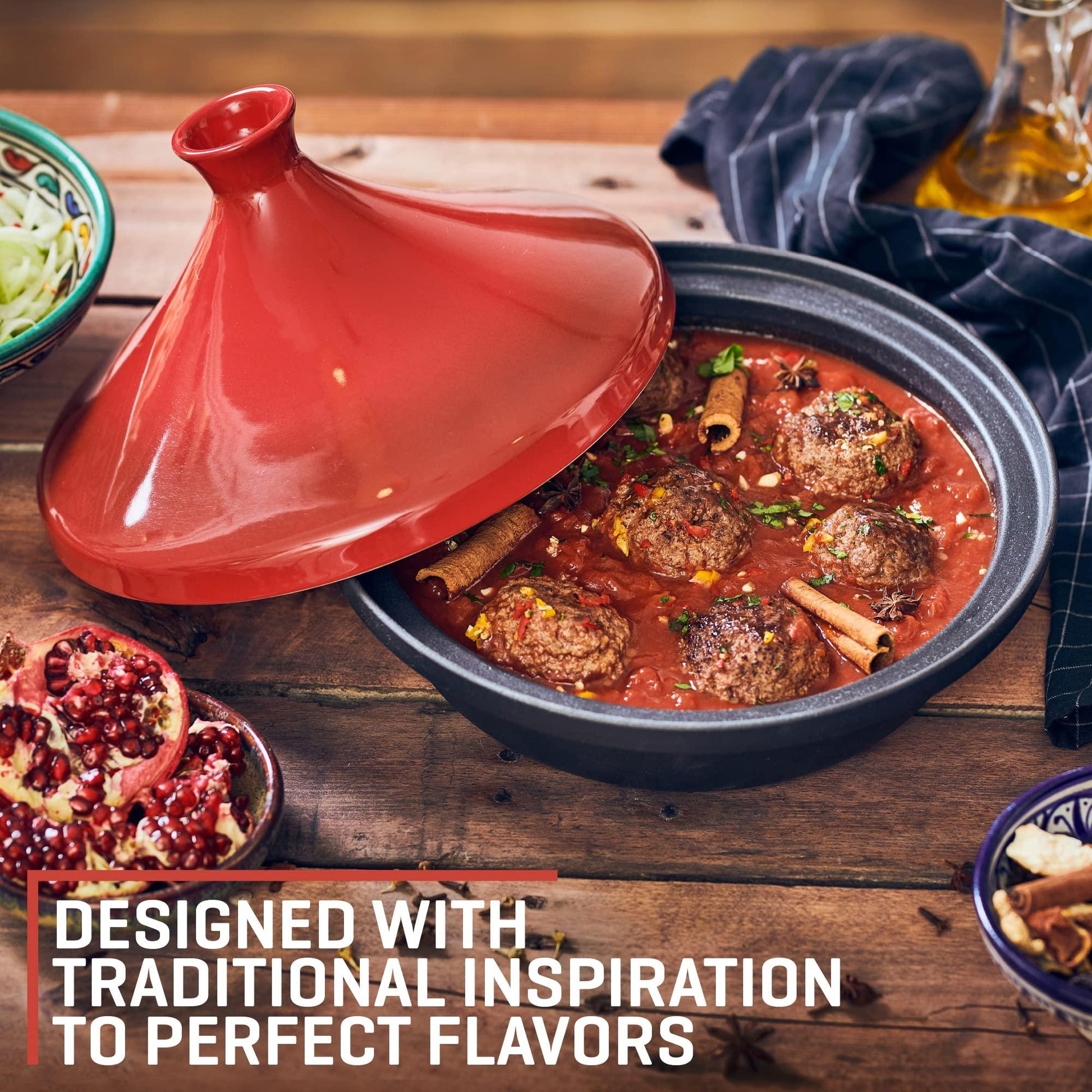 Uno Casa Cast Iron Tagine Pot Moroccan for Cooking - 3.65 Quart Tajine Pot Moroccan with Enameled Cast Iron Base and Ceramic Lid, Finest Cookware - Tangine Pot Red Double Oven Mitts Included - CookCave