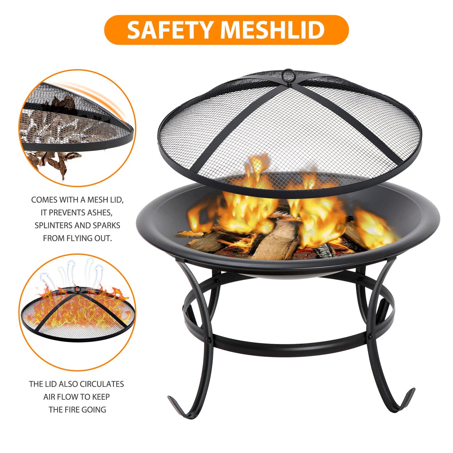 22 Inches Portable Fire Pit Outdoor Wood Burning Steel Lightweight BBQ Grill Firepit Bowl with Log Grate&Poker for Outside Patio Campfire Bonfire Backyard - CookCave