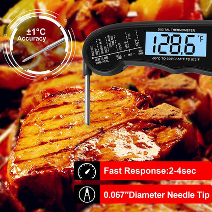 KULUNER TP-01 Waterproof Digital Instant Read Meat LCD Thermometer with 4.6” Folding Probe Backlight & Calibration Function for Cooking Food Candy, BBQ Grill, Liquids,Beef(Black) - CookCave