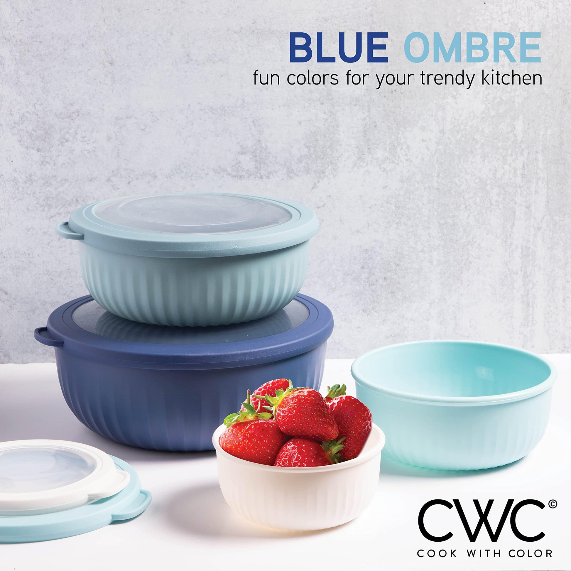 COOK WITH COLOR Prep Bowls - Wide Mixing Bowls Nesting Plastic Meal Prep Bowl Set with Lids - Small Bowls Food Containers in Multiple Sizes (Blue Ombre) - CookCave