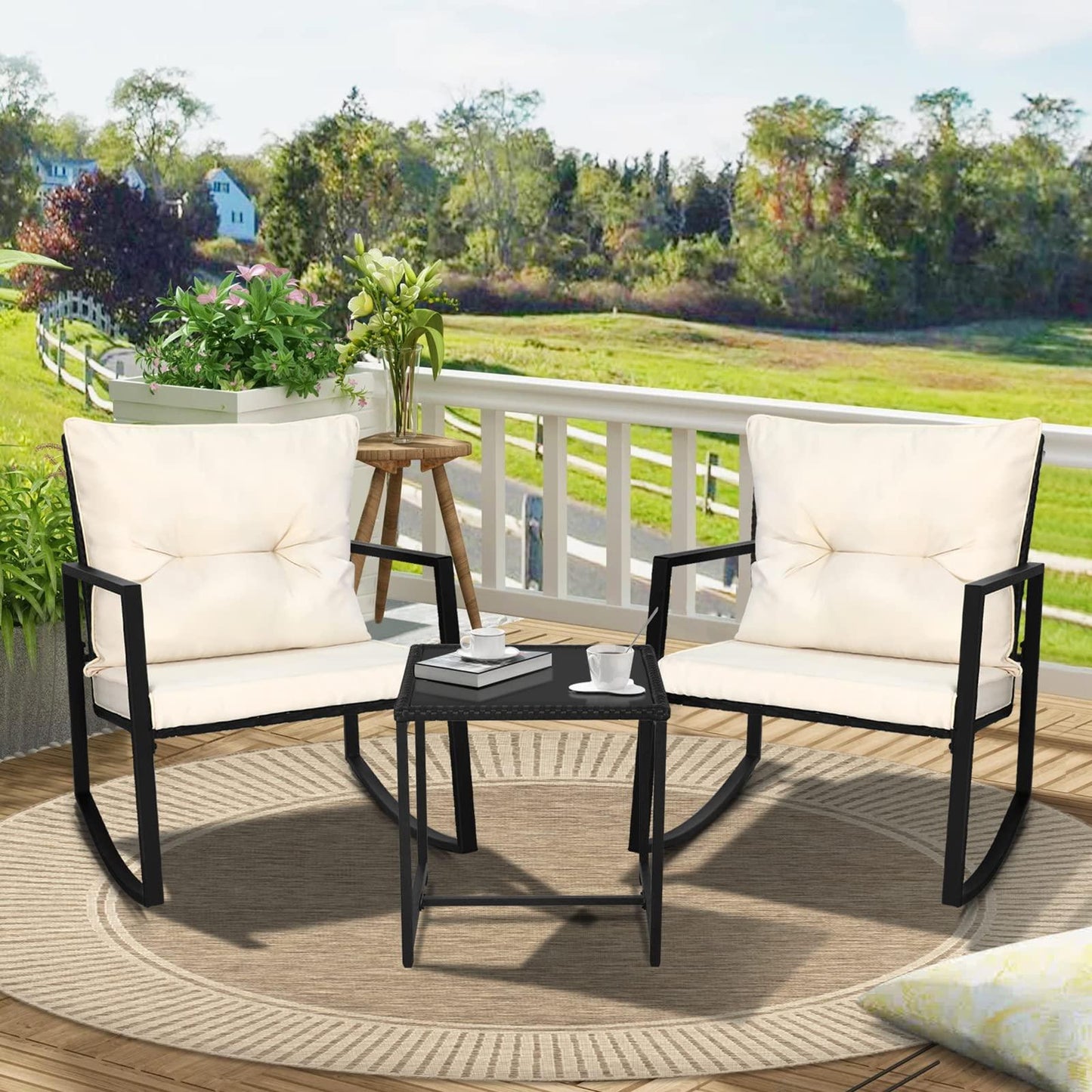 SUNCROWN 3 Piece Outdoor Rocking Bistro Set Black Wicker Furniture Porch Chairs Conversation Sets with Glass Coffee Table, Beige - CookCave