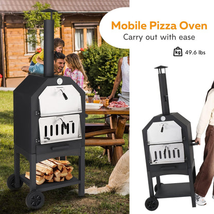 Outvita Outdoor Pizza Oven, Wood Fired Pizza Oven with Adjustable Chimney, Wheels, Pizza Stone, Pizza Peel, Grill Rack for Patio Cooking Picnic Party - CookCave