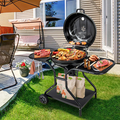 Giantex Kettle Charcoal Grill 22-Inch, Porcelain Enamel Body and Lid, 2 Side Tables with 4 Hooks, Storage Shelf, Upgraded Ash Catcher, Thermometer, Air Vents, Outdoor Cooking Barbecue Grill - CookCave