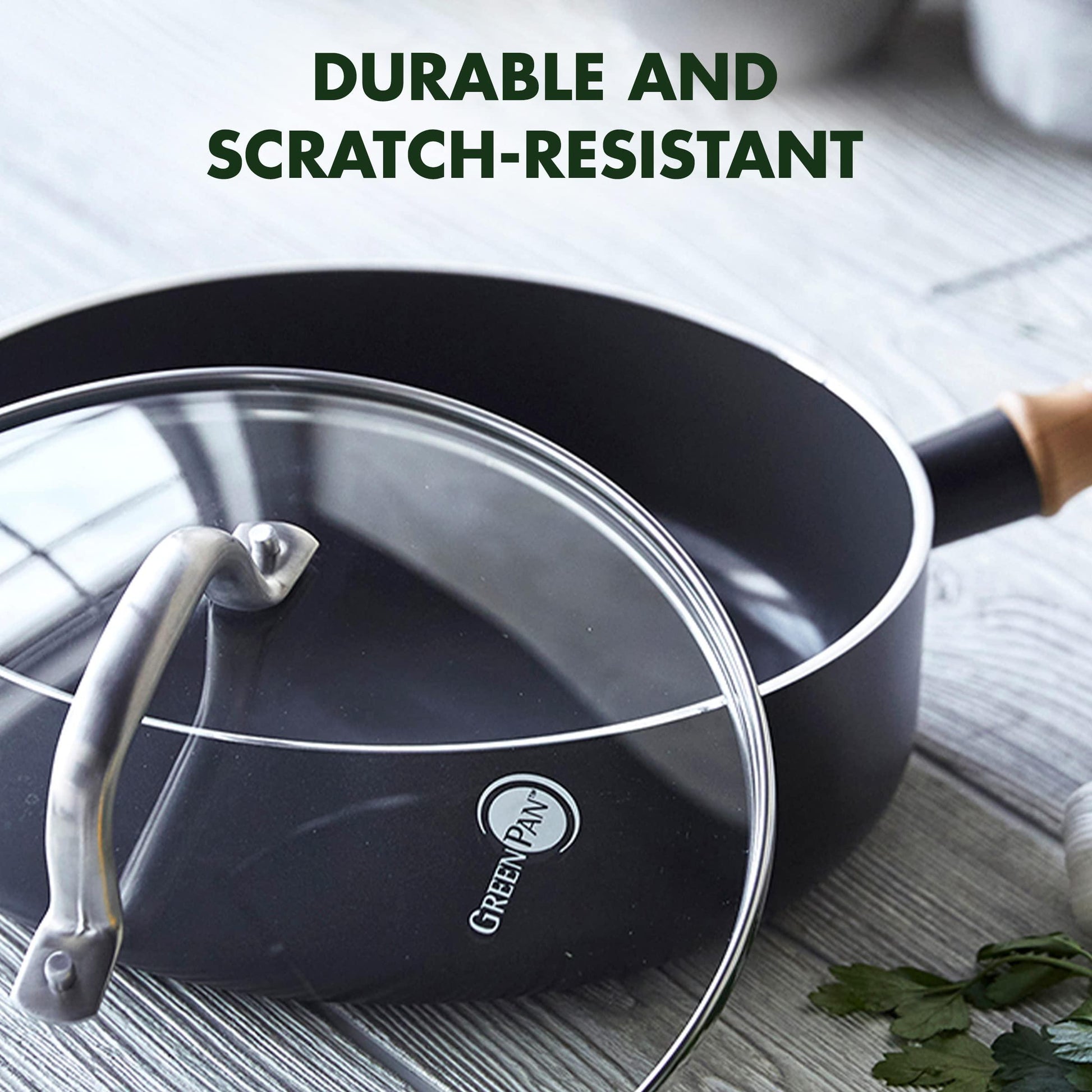 GreenPan Hudson Healthy Ceramic Nonstick, 3QT Saute pan Jumbo Cooker with Lid, Vintage Wood Insipred Handle, PFAS-Free, Dishwasher Safe, Black - CookCave