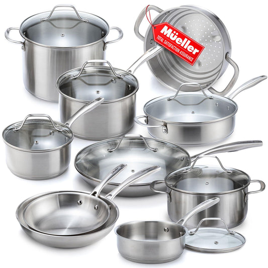 Mueller Pots and Pans Set 17-Piece, Ultra-Clad Pro Stainless Steel Cookware Set, Ergonomic EverCool Handle, Includes Saucepans, Skillets, Dutch Oven, Stockpot, Steamer More - CookCave