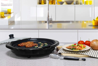 Elite Gourmet EMG-980BSC Large Indoor Electric Round Nonstick Grill Cool Touch Fast Heat Up Ideal Low-Fat Meals Easy to Clean Design Dishwasher Safe Includes Glass Lid, 14" Round B, Black - CookCave