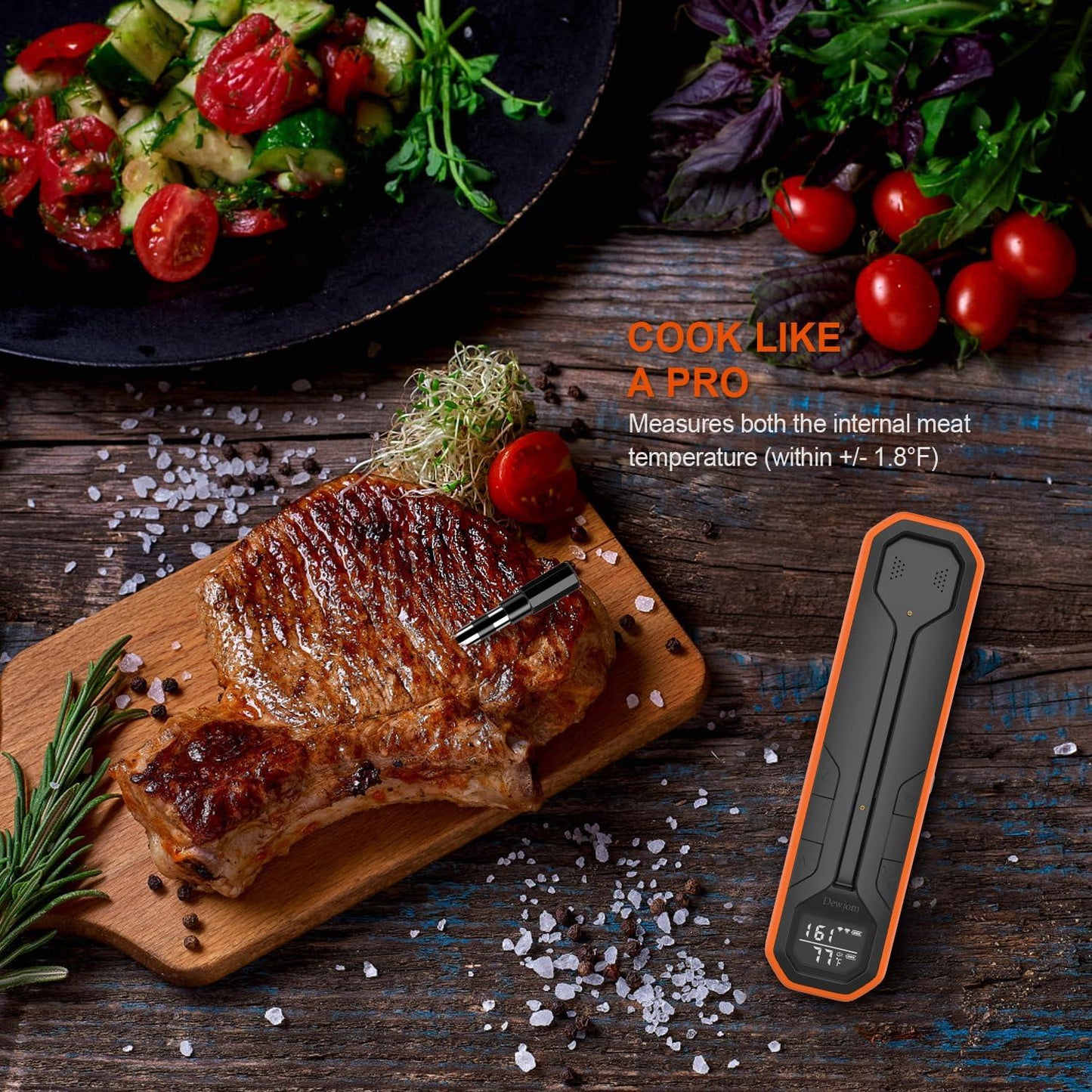 Dewjom Wireless Meat Thermometer – Digital Cooking Thermometer with Wireless Probe – 500Ft Remote Range Food Thermometer – with iOS & Android Read App -Preprogrammed Temperatures for BBQ, Oven, Grill - CookCave