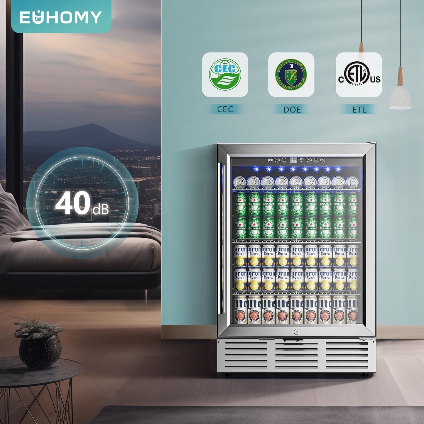 EUHOMY 24 Inch Beverage Refrigerator, 180 Can Built-in or Freestanding Beverage Cooler, Under Counter Beer Fridge with Glass Door for Soda, Water, Wine - For Kitchen, Bar or Office. - CookCave