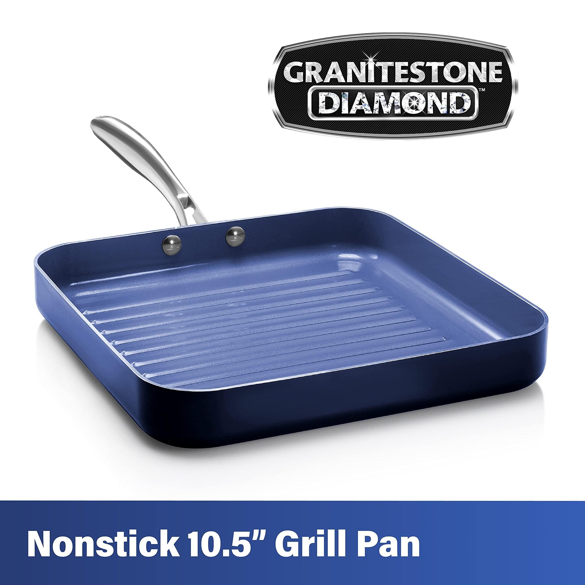 GRANITESTONE Blue Nonstick 10.5” Grilling Pan, Diamond Infused, Metal Utensil Sear Ridges for Grease Draining, Stay Cool Stainless-Steel Handle Oven & Dishwasher Safe, 100% PFOA Free… - CookCave