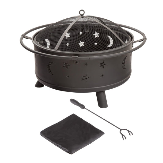 Fire Pit Set, Wood Burning Pit - Includes Screen, Cover and Log Poker- Great for Outdoor and Patio, 30 inch Round Star and Moon Firepit by Pure Garden - CookCave