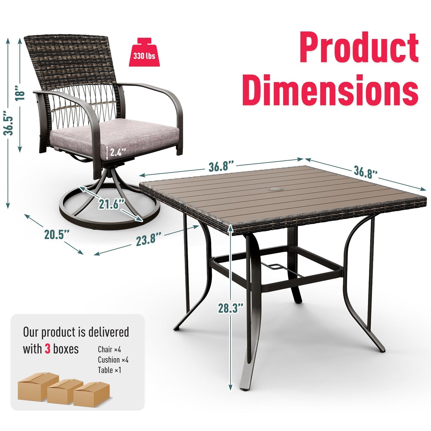 Pamapic 5 Piece Patio Dining Set for 4,Outdoor Wicker Furniture Set for Backyard Garden Deck Poolside with 4 Cushions Swivel Rocker Chairs,Square Plastic-Wood Table Top, Removable Cushions(Gray) - CookCave