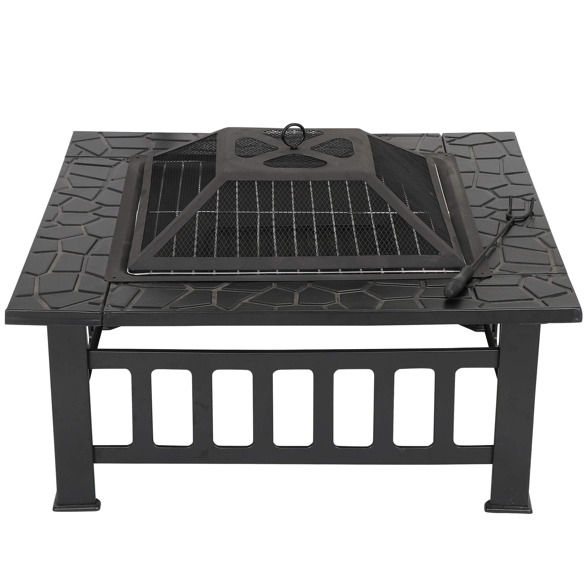 ZENY 32" Outdoor Fire Pit Square Table Metal Firepit Table Backyard Patio Garden Stove Wood Burning Fireplace w/ Waterproof Cover, Spark Screen and Poker - CookCave
