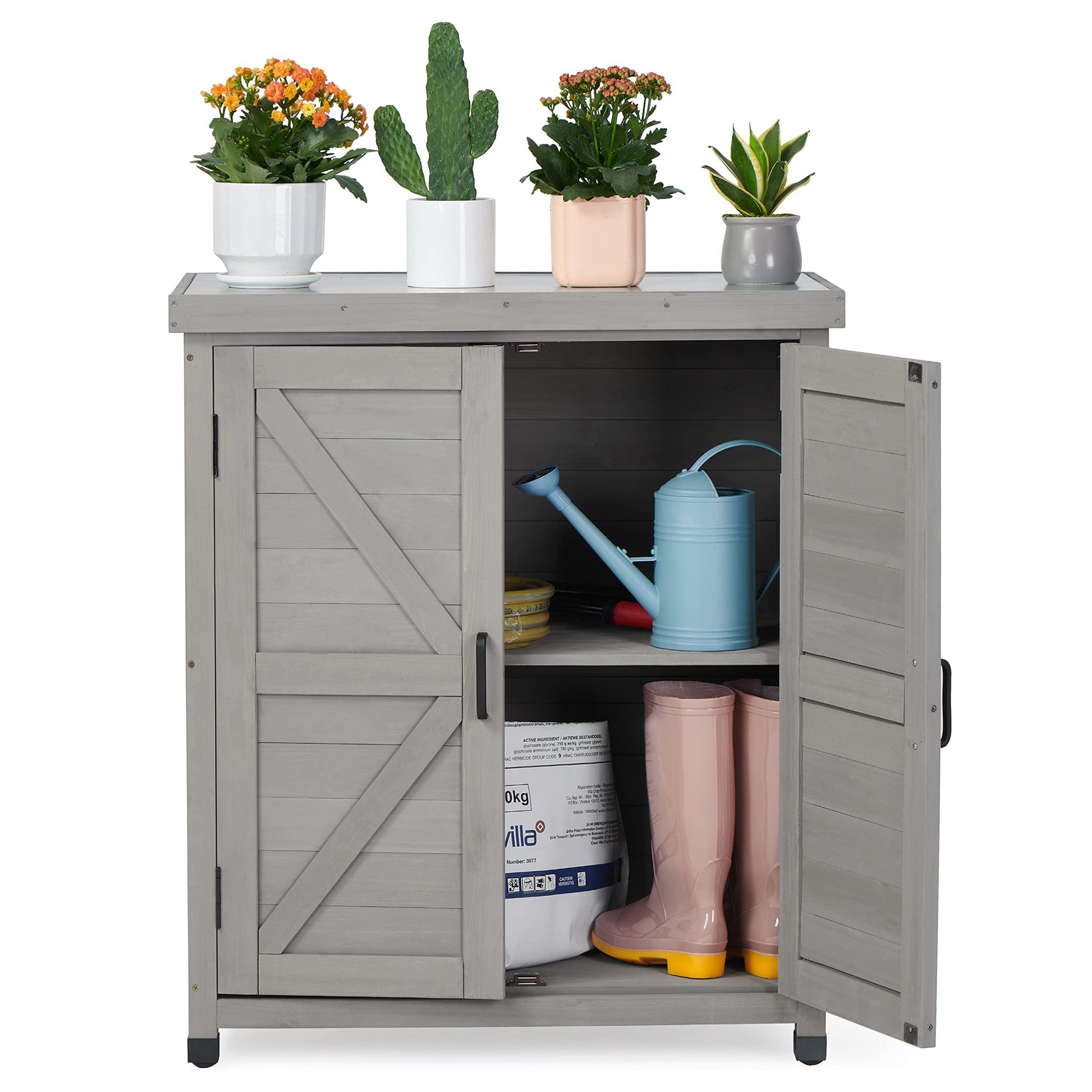 Outdoor Storage Cabinet & Potting Bench Table with Metal Top, Wooden Patio Furniture, Garden Workstation - CookCave