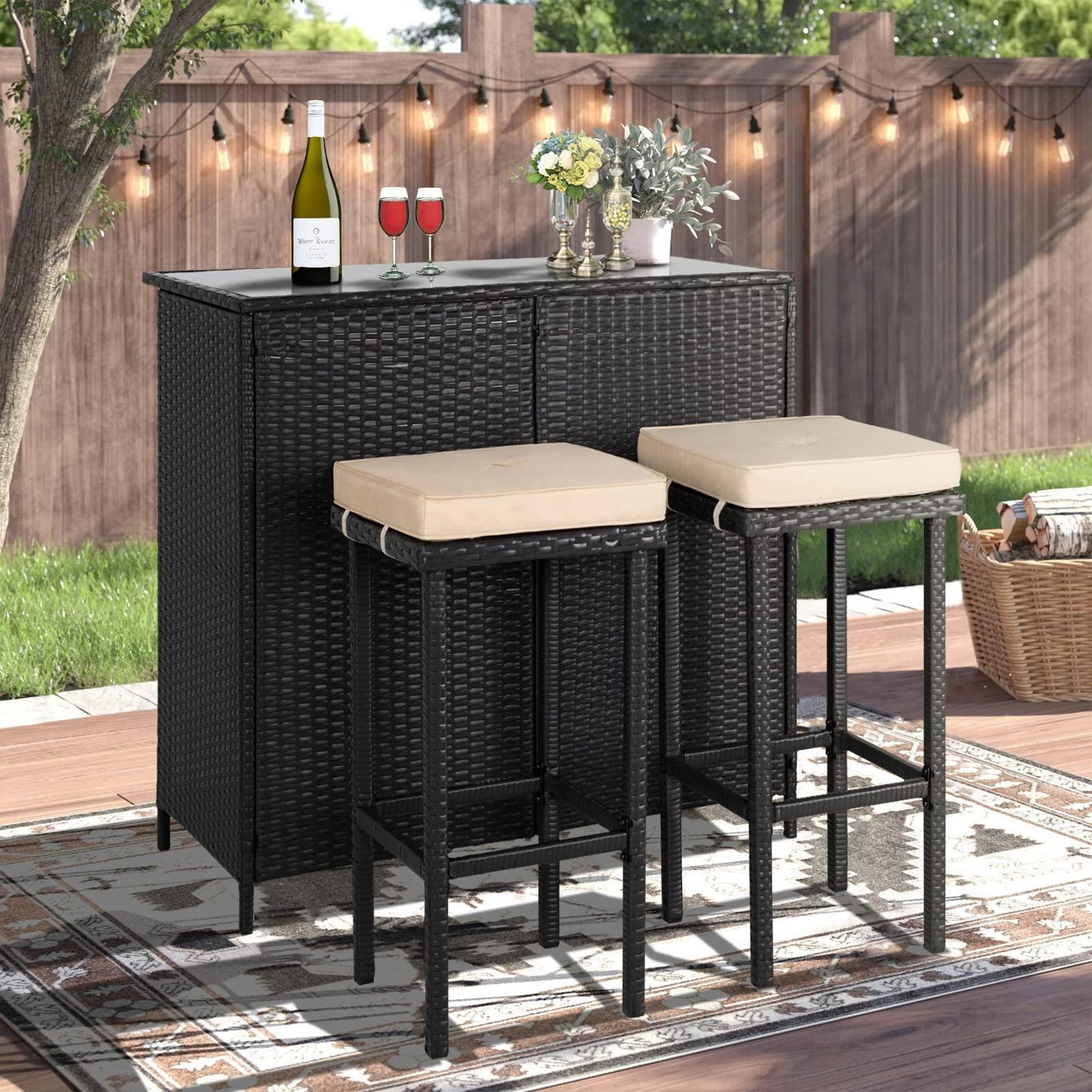 Crownland 3-Piece Wicker Patio Outdoor Bar Set, 2 Stools and 1 Glass Top Table, Bistro Set, Brown Furniture for Deck, Lawn, Backyard - CookCave