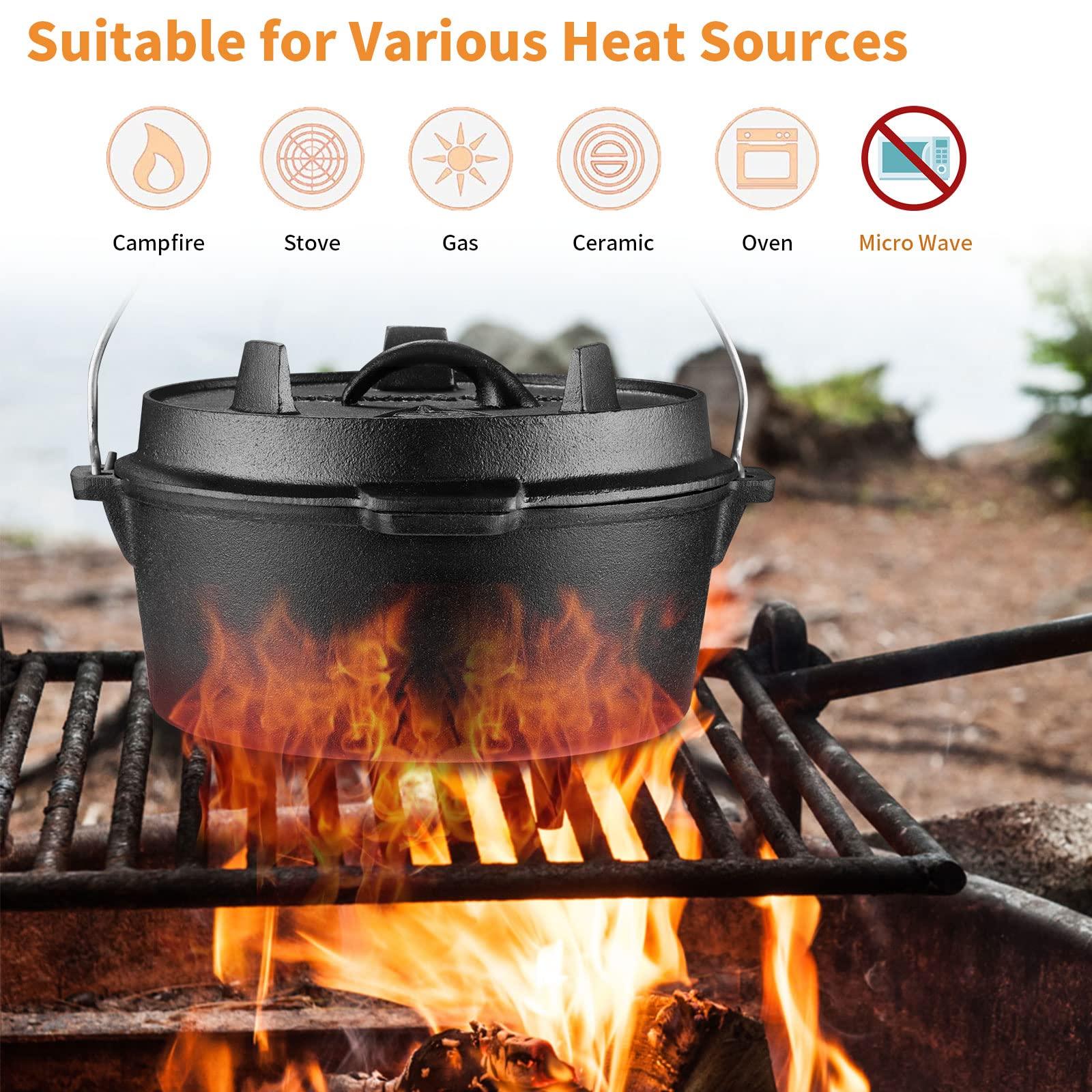 Camping Dutch Oven,9 Qt Pre-Seasoned Camping Cookware Pot With Lid - Lid Lifter,Cast Iron Deep Pot with Metal Handle for Camping Cooking BBQ Baking Campfire Modern Black - CookCave