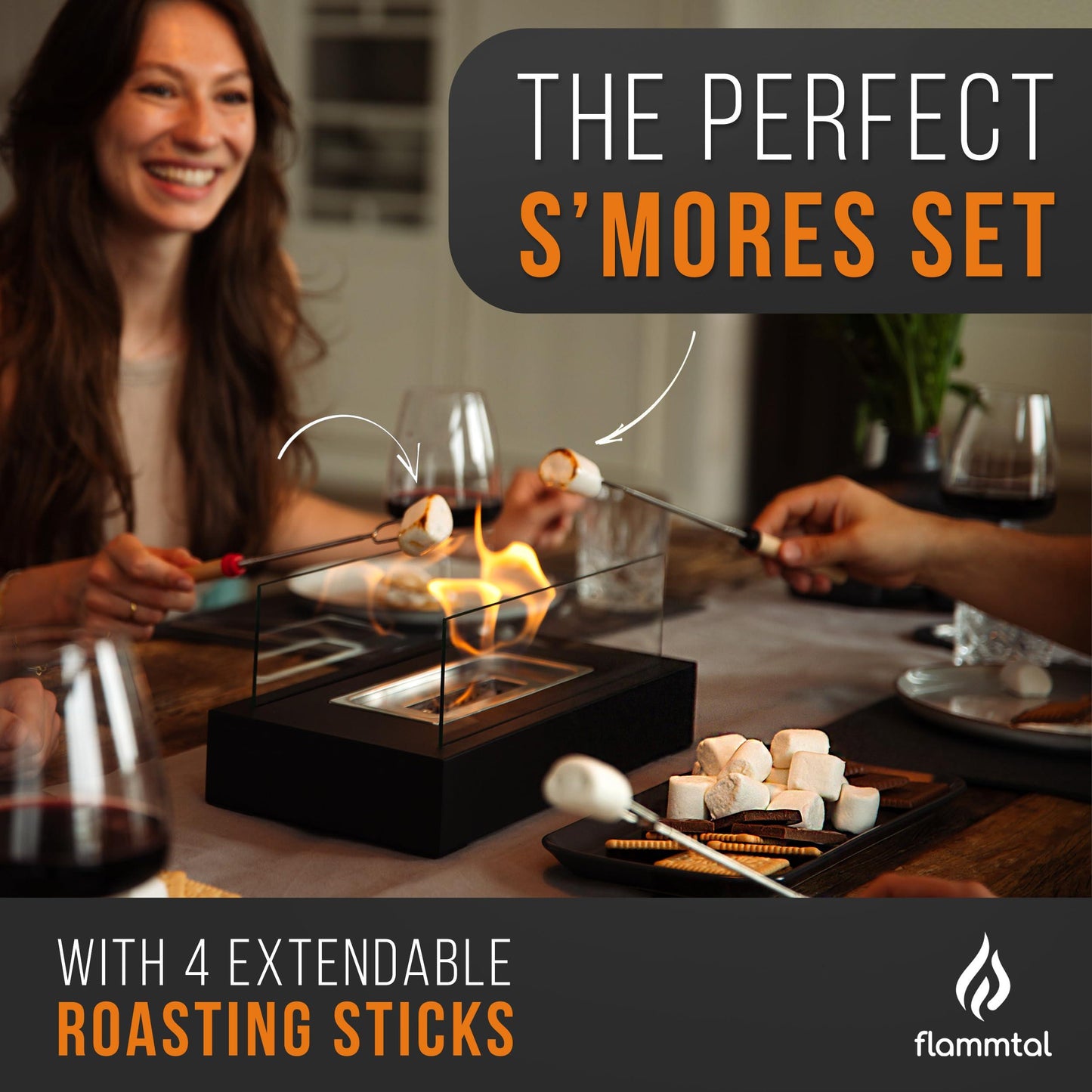 Flammtal Ethanol Tabletop Fire Pit - 3h Burn Time, Portable Indoor & Outdoor S'mores Maker with 4 Roasting Sticks and Adjustable Flames - CookCave