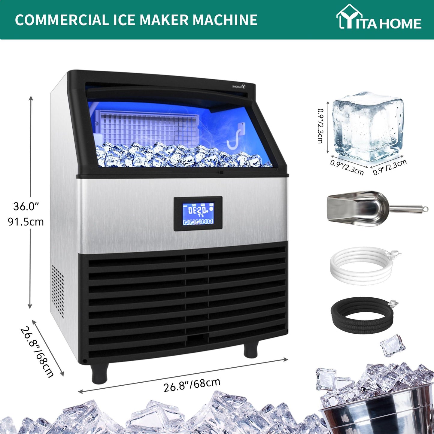 YITAHOME Upgraded Commercial Ice Maker Machine 270lbs/24h with 100lbs Storage Bin, Stainless Steel Ice Scoop, Blue Light, Freestanding Ice Machine for Home, Restaurants, Bars - CookCave