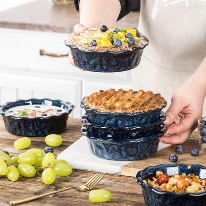 Vicrays Ceramic Pie Pan for Baking - 5.5 inch Small Pie Plates Deep Dish Round Pot Casserole Mini Serving Bowl, Microwave Oven Safe for Dessert Apple Pie Cake Tart Pizza, Set of 6, Blue - CookCave