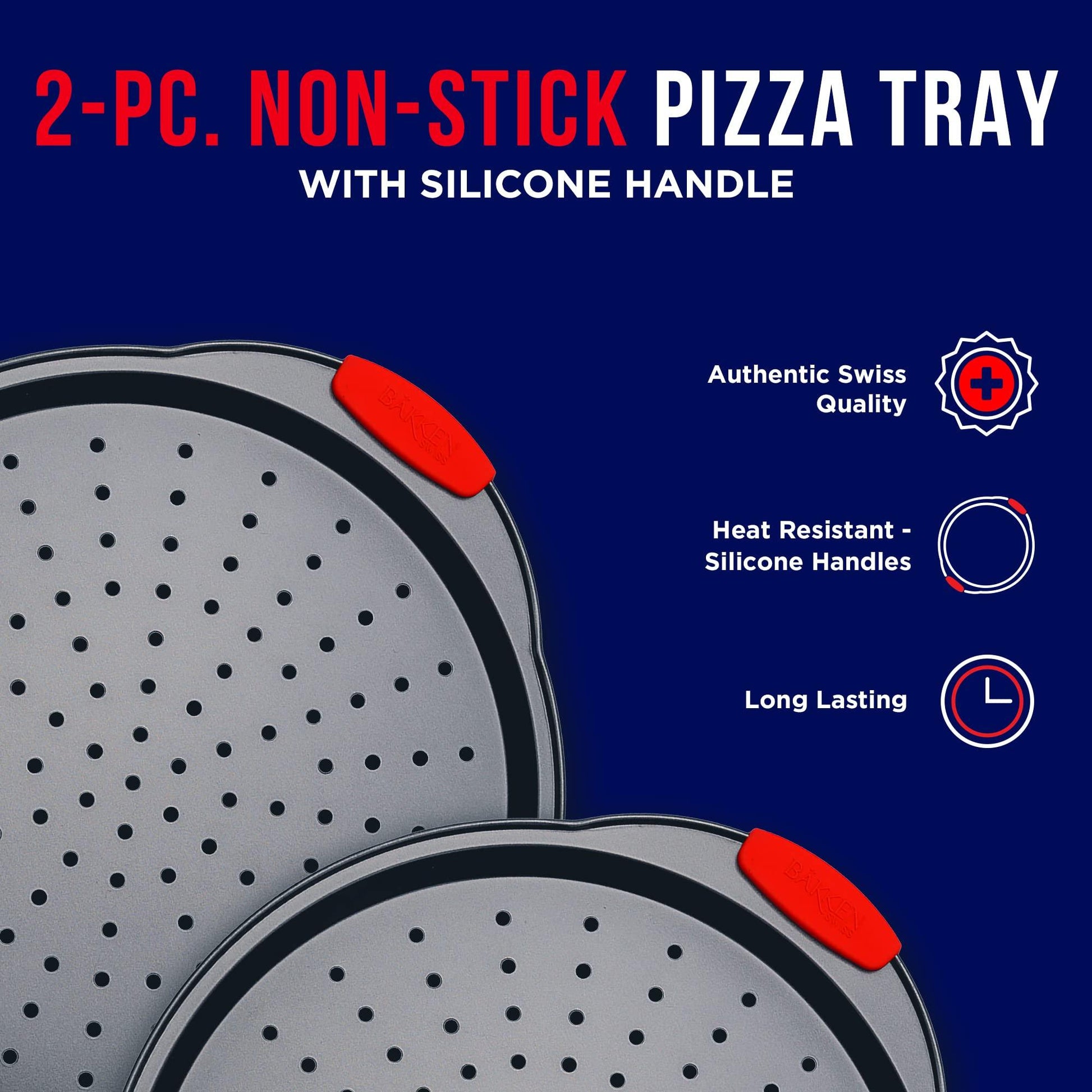 Pizza Tray – 2 Round with Silicone Handles – Carbon Steel Pizza Pan with Holes and Non-Stick Coating – PFOA PFOS and PTFE Free by Bakken - CookCave