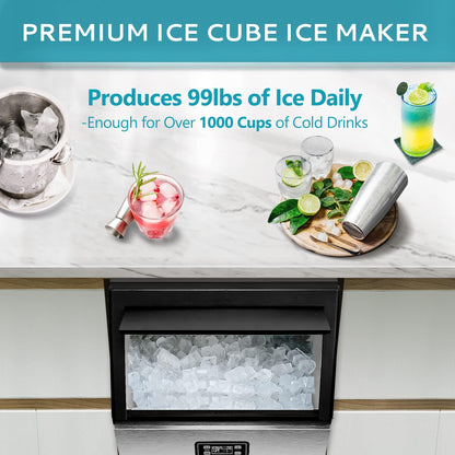 EUHOMY Commercial Ice Maker Machine, 99lbs/24H Stainless Steel Under Counter ice Machine with 33lbs Ice Storage Capacity, Freestanding Ice Maker. - CookCave