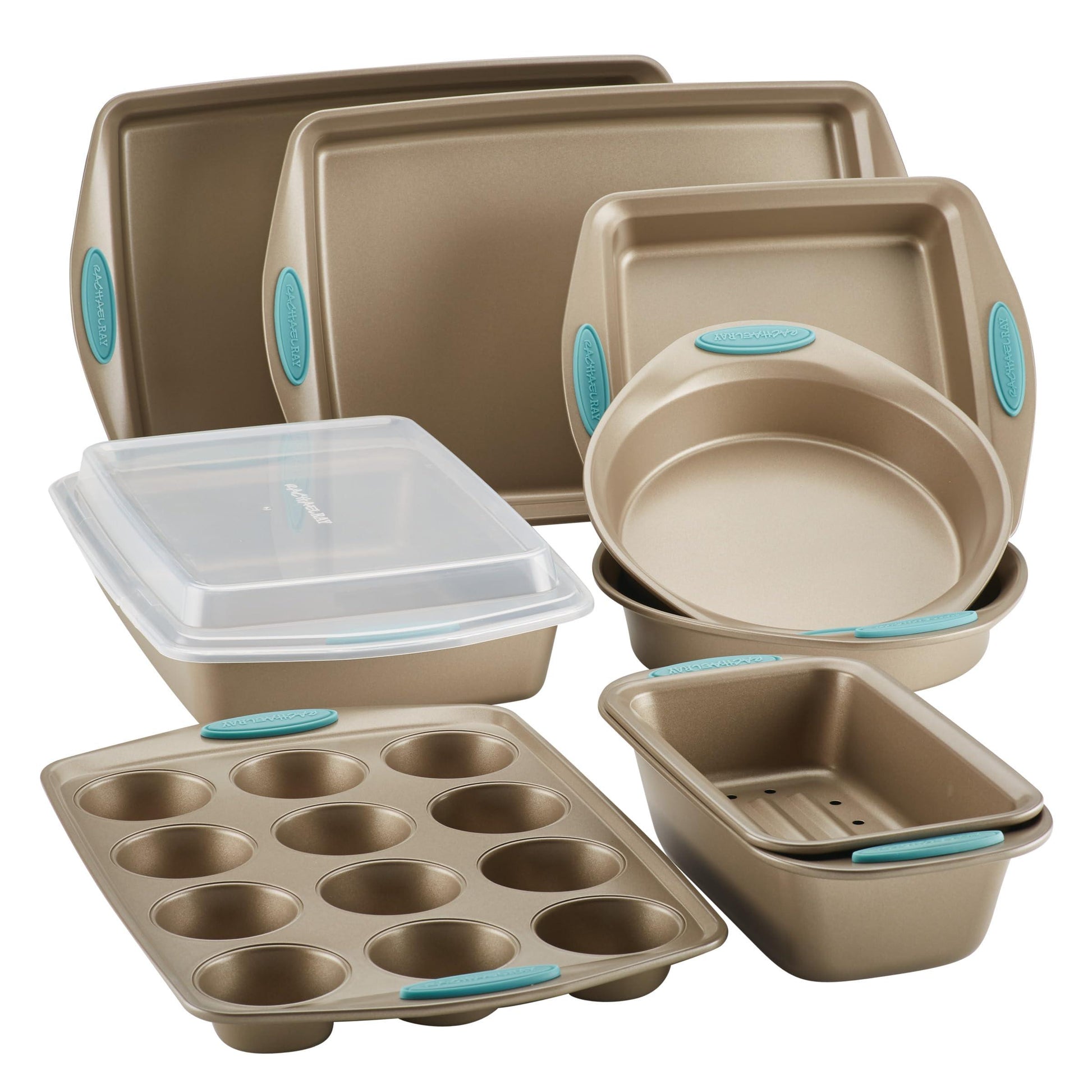 Rachael Ray 47578 Cucina Nonstick Bakeware Set with Grips Includes Nonstick Bread Pan, Baking Sheet, Cookie Sheet, Baking Pans, Cake Pan and Muffin Pan - 10 Piece, Latte Brown with Agave Blue Grips - CookCave