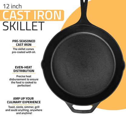 Utopia Kitchen Saute Fry Pan - Chefs Pan, Pre-Seasoned Cast Iron Skillet - Frying Pan 12 Inch - Safe Grill Cookware for indoor & Outdoor Use - Cast Iron Pan (Black) - CookCave