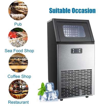 Antarctic Star Commercial Ice Makers Machine Stainless Steel Makers 100 Lbs of Ice Per 24H with 33 Pounds Storage Capacity Ice Cubes Freestanding Party/Bar/Restaurant Scoop Connection Hose Silver - CookCave