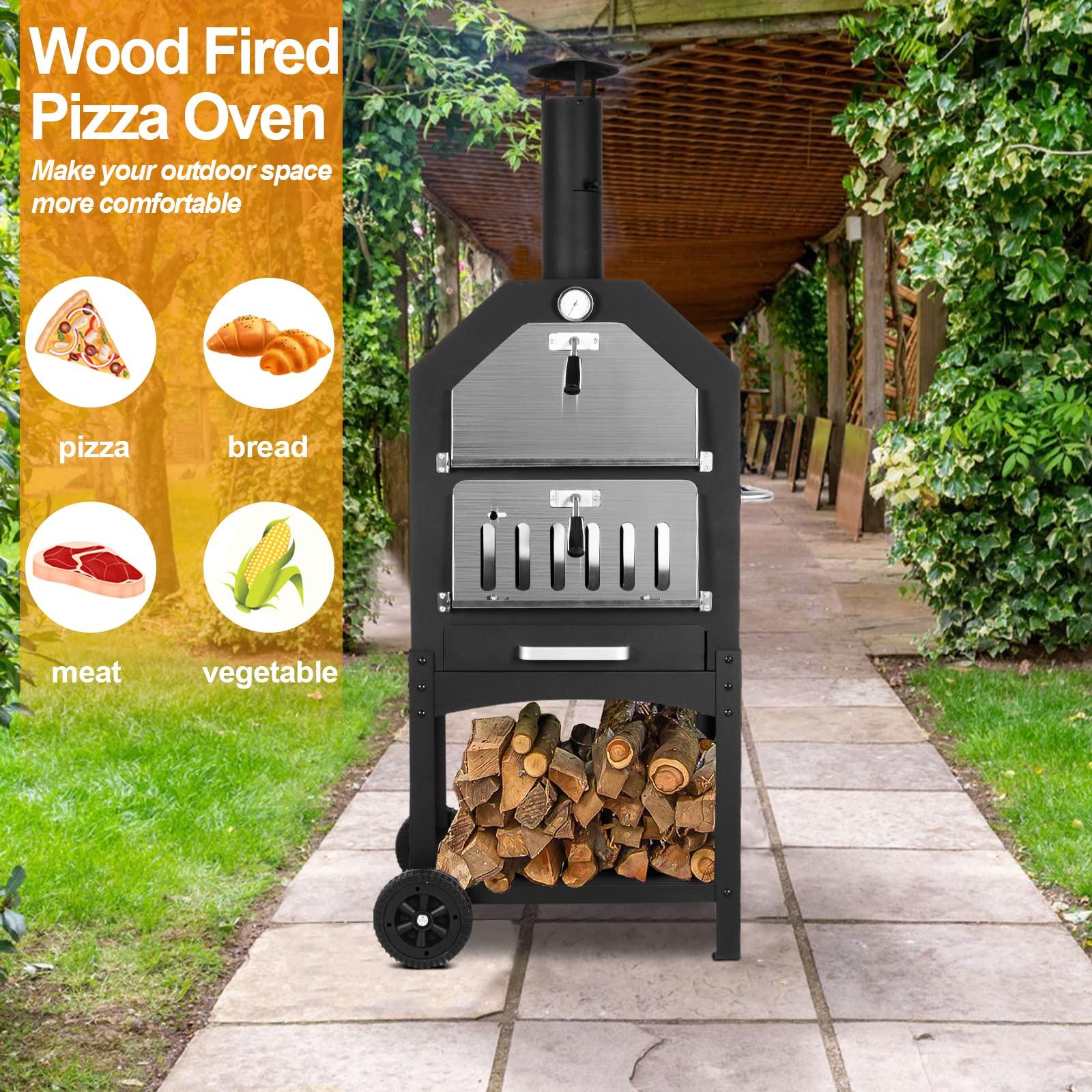 Outdoor Pizza Oven Wood Fired Pizza Oven Patio Portable Pizza Maker Cooking Grill with Wheels Waterproof Cover for Backyard Camping - CookCave