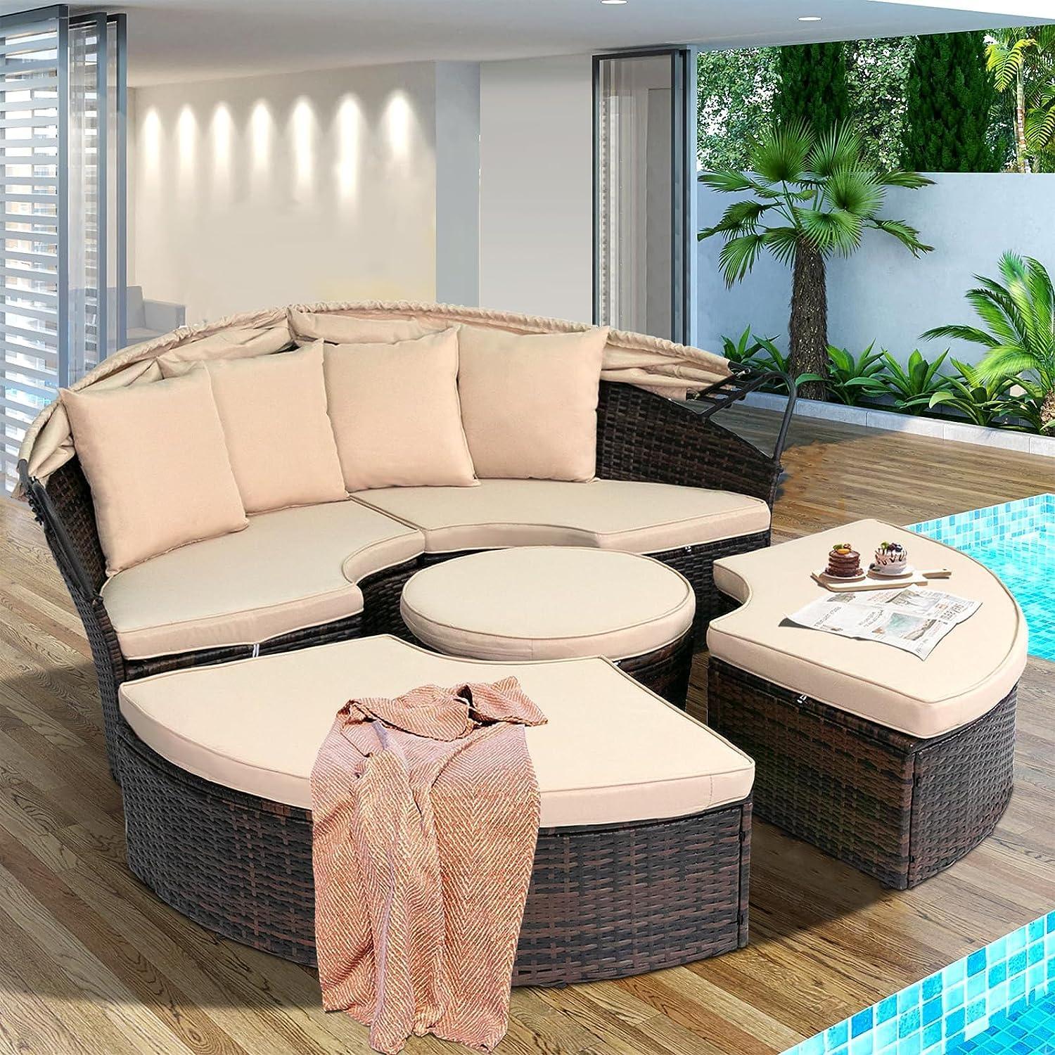 SUNCROWN Outdoor Patio Round Daybed with Retractable Canopy, Brown Wicker Furniture Sectional Couch with Washable Cushions, Backyard, Porch - CookCave