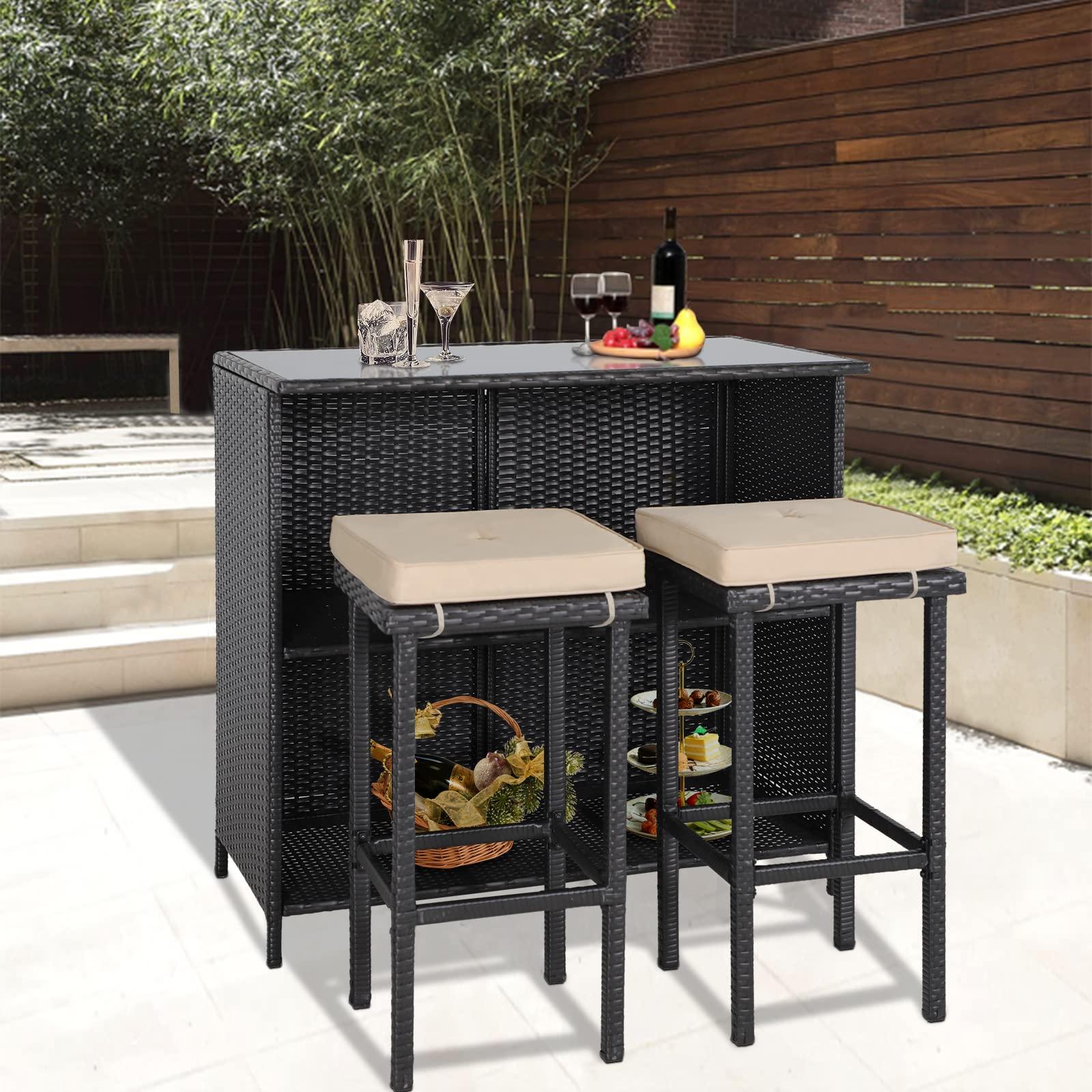 Crownland 3-Piece Wicker Patio Outdoor Bar Set, 2 Stools and 1 Glass Top Table, Bistro Set, Brown Furniture for Deck, Lawn, Backyard - CookCave