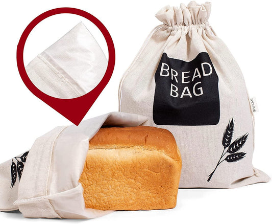 2 X Bread Bags for Homemade Bread - Plastic Lined, Reusable Linen Cloth Saver Bag For Sourdough & Homemade Bread Storage - 17" x 13" XL - CookCave
