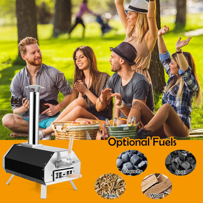 COSTWAY Outdoor Pizza Oven, with 12” Pizza Stone, Wood Fired Pizza Maker with Foldable Legs & Built-in Thermometer, Stainless Steel Wood Pellet Pizza Grill for Camping, Backyard, Picnic, Party, Black - CookCave