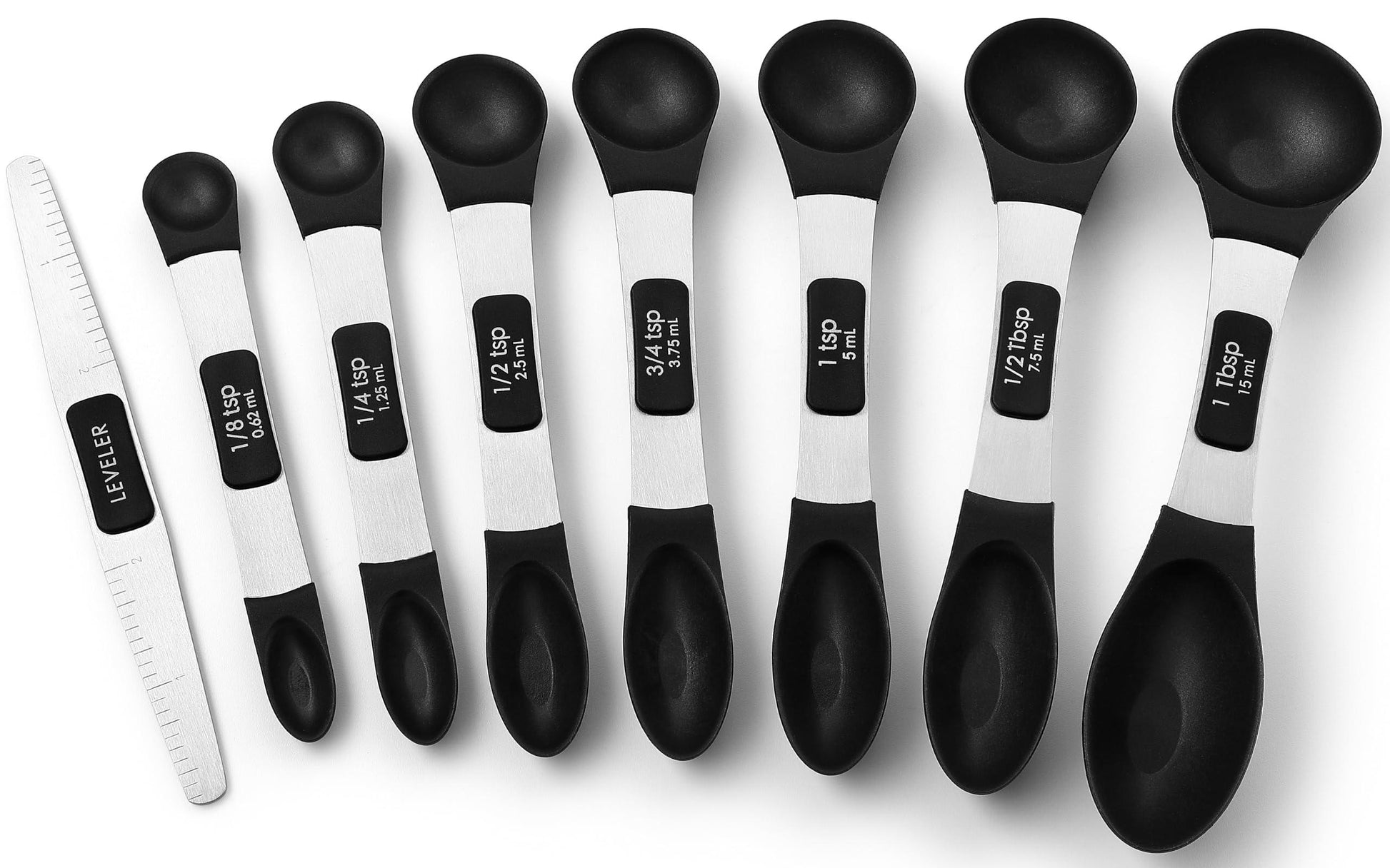 Spring Chef Magnetic Measuring Spoons Set, Dual Sided and Lightweight, Stainless Steel Metal & BPA Free Plastic, Fits in Most Kitchen Spice Jars for Baking & Cooking, Black, Set of 8 with Leveler - CookCave