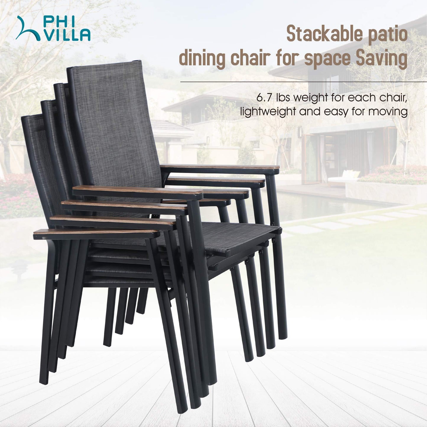 PHI VILLA Patio Dining Chairs Set of 4, Outdoor Lightweight Stackable Chair,All-Aluminum Frame and Sling Fabric, Wood-Like Armrest & Wider Seat for Deck Backyard Restaurant - CookCave