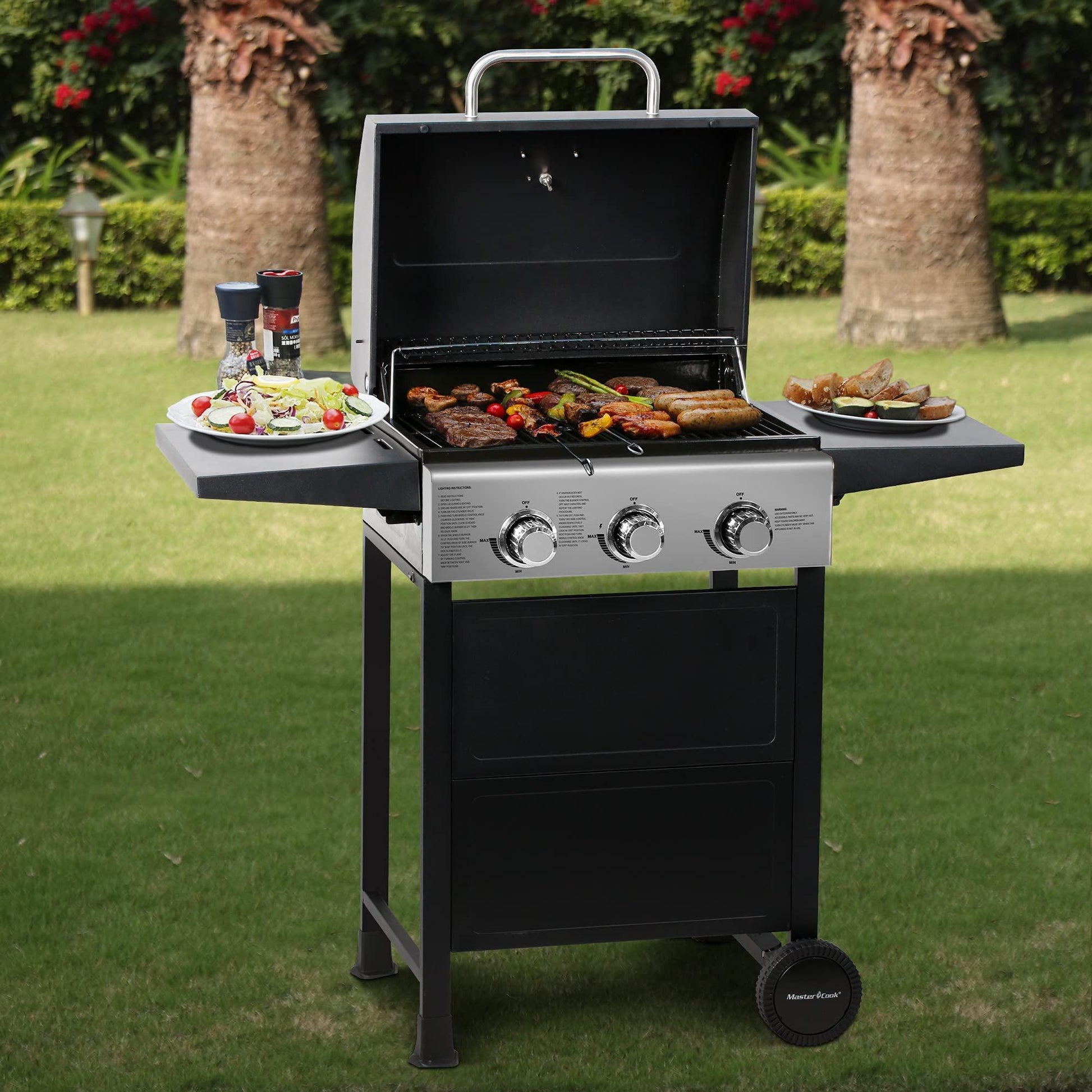 MASTER COOK Classic Liquid Propane Gas Grill, 3 Burner with Folding Table - CookCave