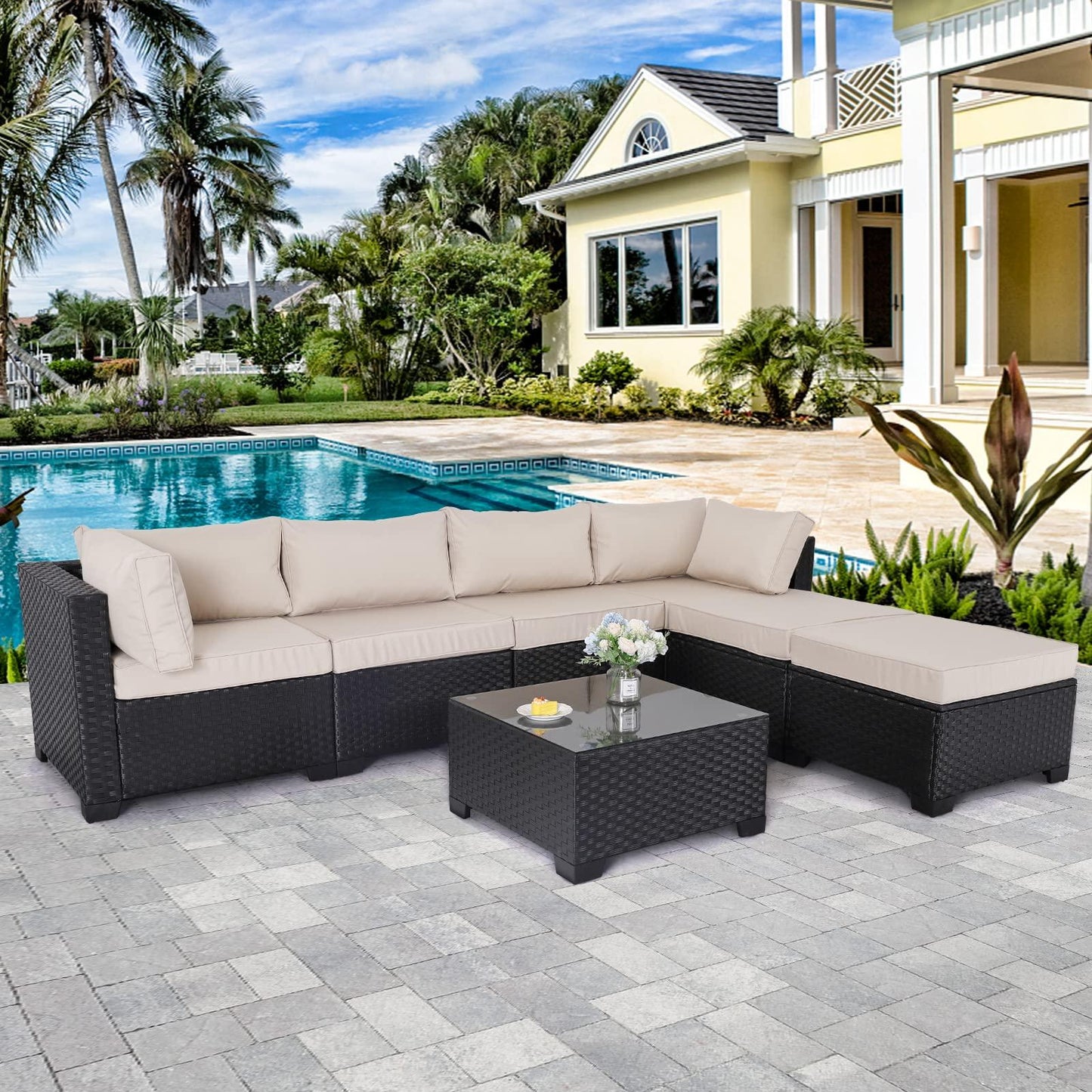 Lviden 7 Pieces Outdoor PE Wicker Furniture Set Patio Rattan Sectional Conversation Sofa Set with Khaki Cushions and Glass Top Table - CookCave