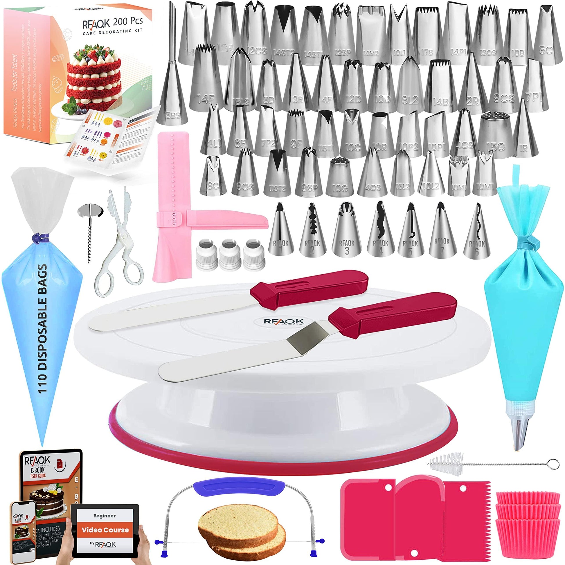 Gift For Women-Cake Decorating Supplies Kit for Beginners RFAQK 200PCs - Turntable with 48 Numbered Piping &7 Korean Tips(Pattern chart included)-Straight & Offset Spatula-Leveler &Baking tools - CookCave