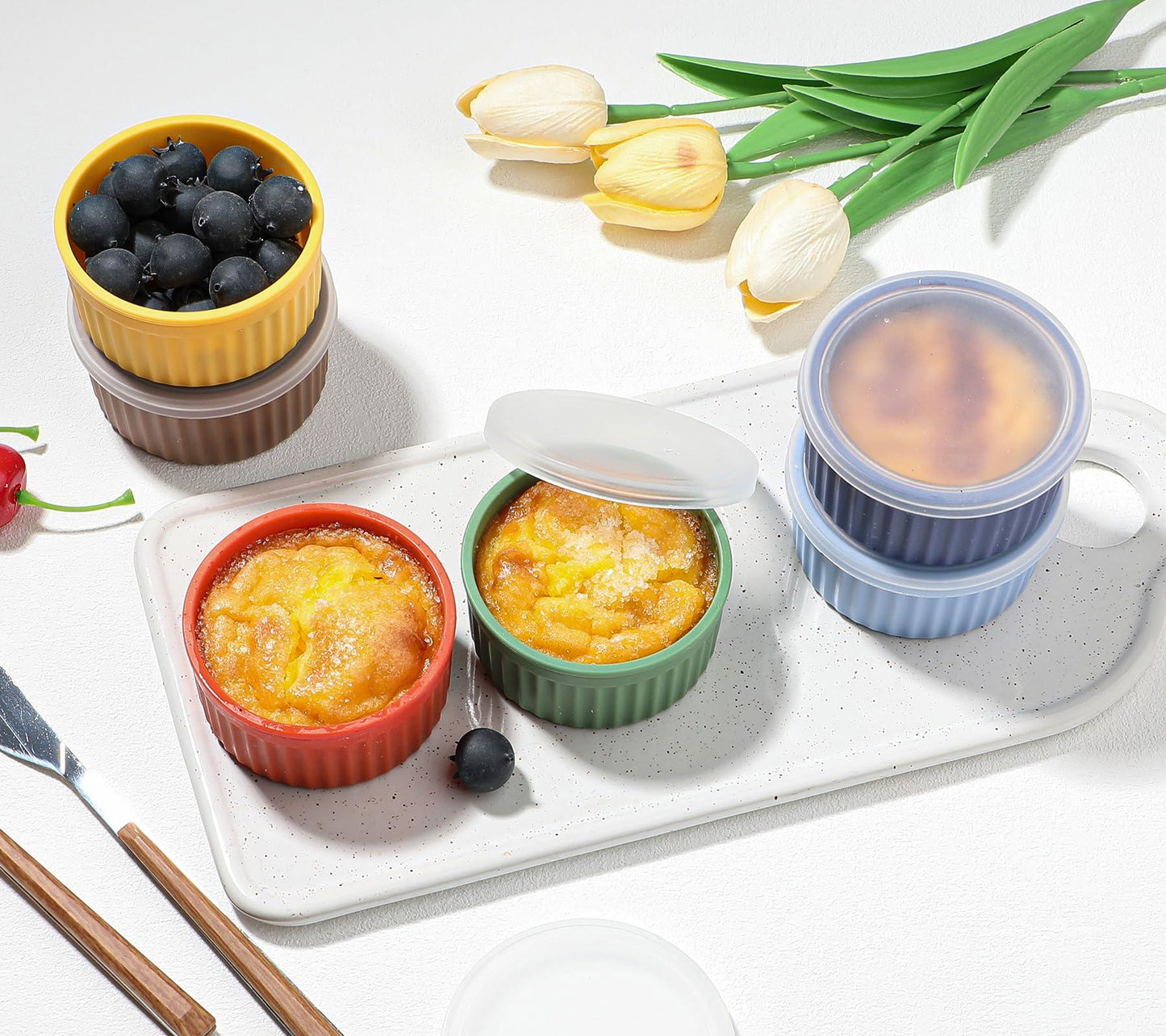 Koluti Nonstick Silicone Ramekins 4 oz with Lid, 6-Pack Oven Safe Creme Brulee Bowl for Baking, Mini Souffle Ice Cream Dessert Pudding Dipping Sauce Cups, BPA Free, Microwave, Freezer, Dishwasher Safe - CookCave