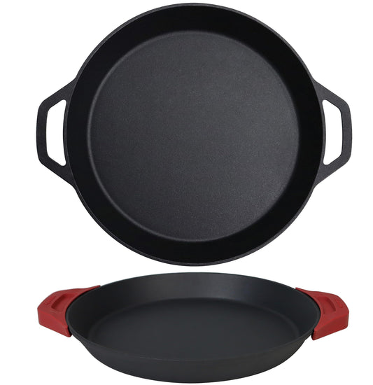 Crucible Cookware Cast Iron Skillet - 15.75"-Inch (40 cm) Dual Loop Handle Frying Pans, Paella Pan + Silicone Handle Holder Covers - Oven Safe - Indoor/Outdoor - Use on any Stovetop, Induction Safe - CookCave