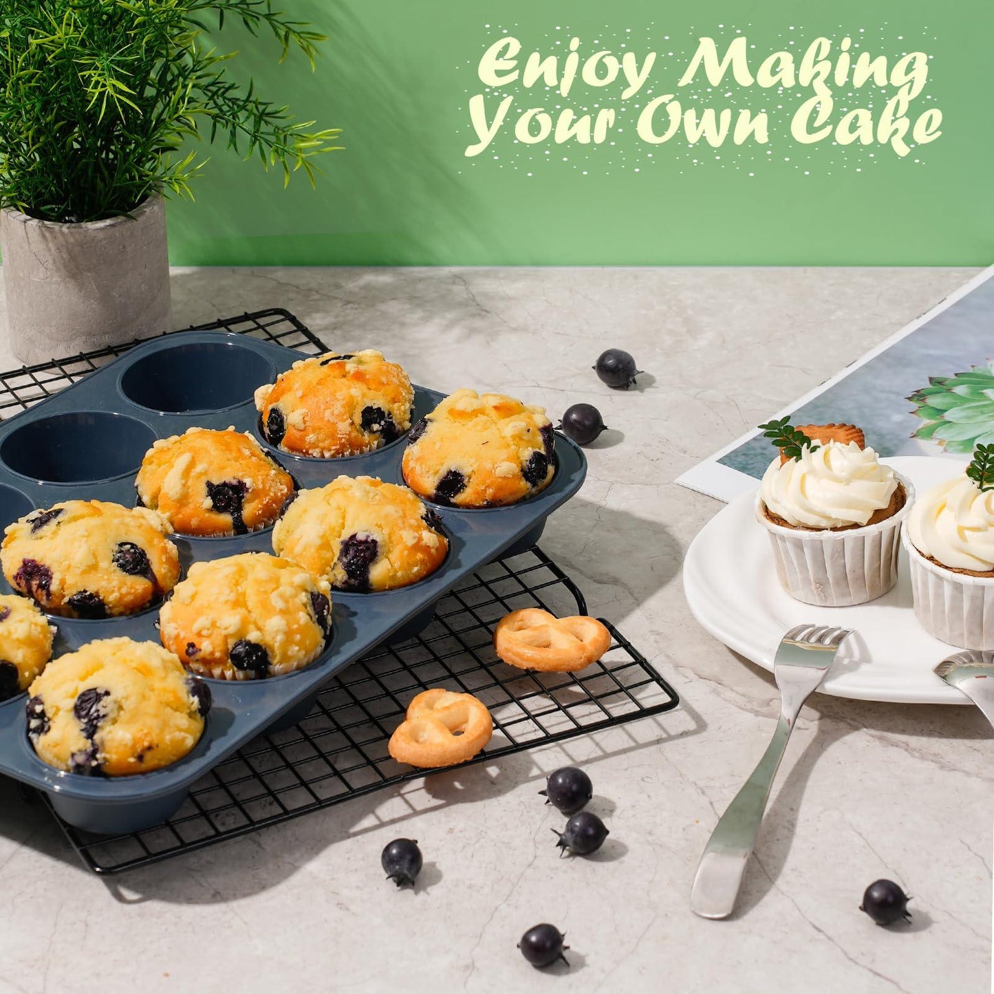 Vnray Silicone Muffin Baking Pan & Large Cupcake Tray 12 Cup - Nonstick Cake Molds/Tin, Silicon Bakeware, BPA Free, Dishwasher & Microwave Safe (12 Cup Size, Grey) - CookCave