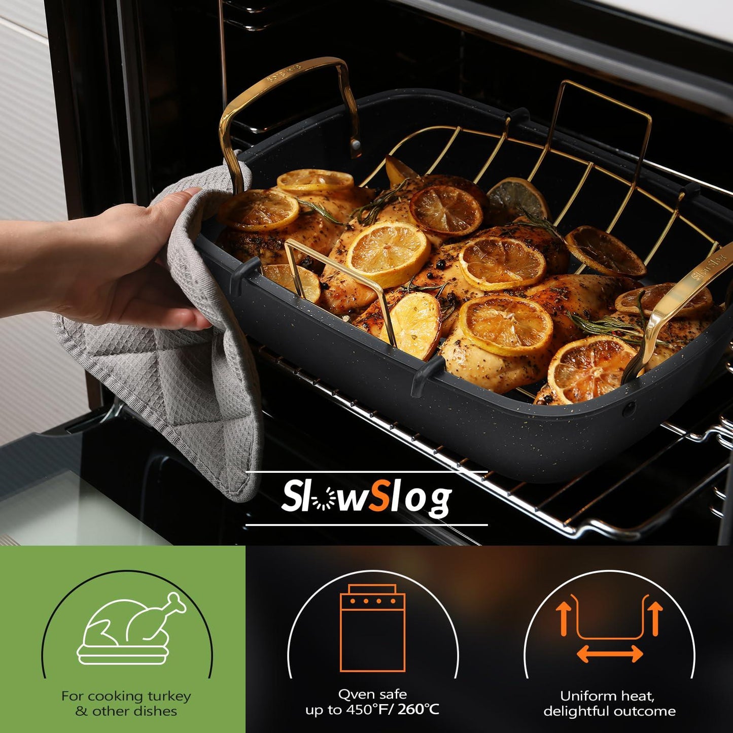 Slow Slog Roasting Pan, 17 Inch x 13 Inch Roaster with Removable Rack, Nonstick Roaster Pan for Roasting Turkey, Meat & Vegetables (Gold) - CookCave