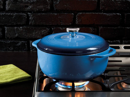 Lodge 6 Quart Enameled Cast Iron Dutch Oven with Lid – Dual Handles – Oven Safe up to 500° F or on Stovetop - Use to Marinate, Cook, Bake, Refrigerate and Serve – Blue - CookCave