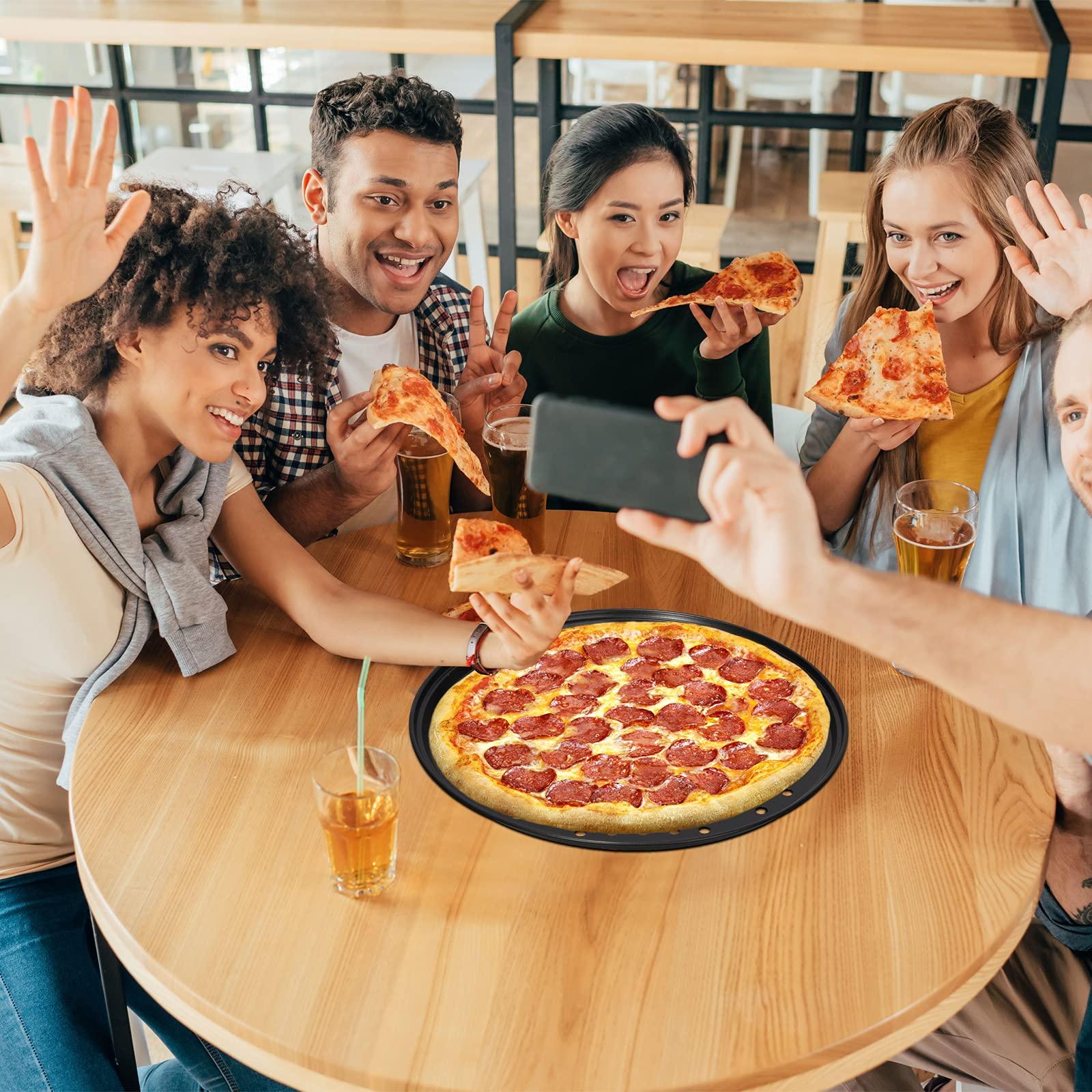 3 Pack Pizza Pan Round Pizza board Carbon Steel Pizza Baking Pan with Accessories Non-Stick Cake Pizza Crisper Server Tray Stand for Home Kitchen Oven Restaurant Pizza Bakeware Pizza Cutter and Slicer - CookCave