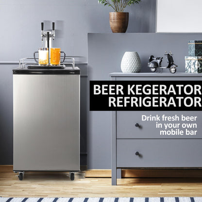 Kegerator and Keg Beer Cooler, Dual Tap Draft Beer Dispenser, Full Size Keg Refrigerator With Shelves, Stainless Steel, Drip Tray & Rail，silver - CookCave