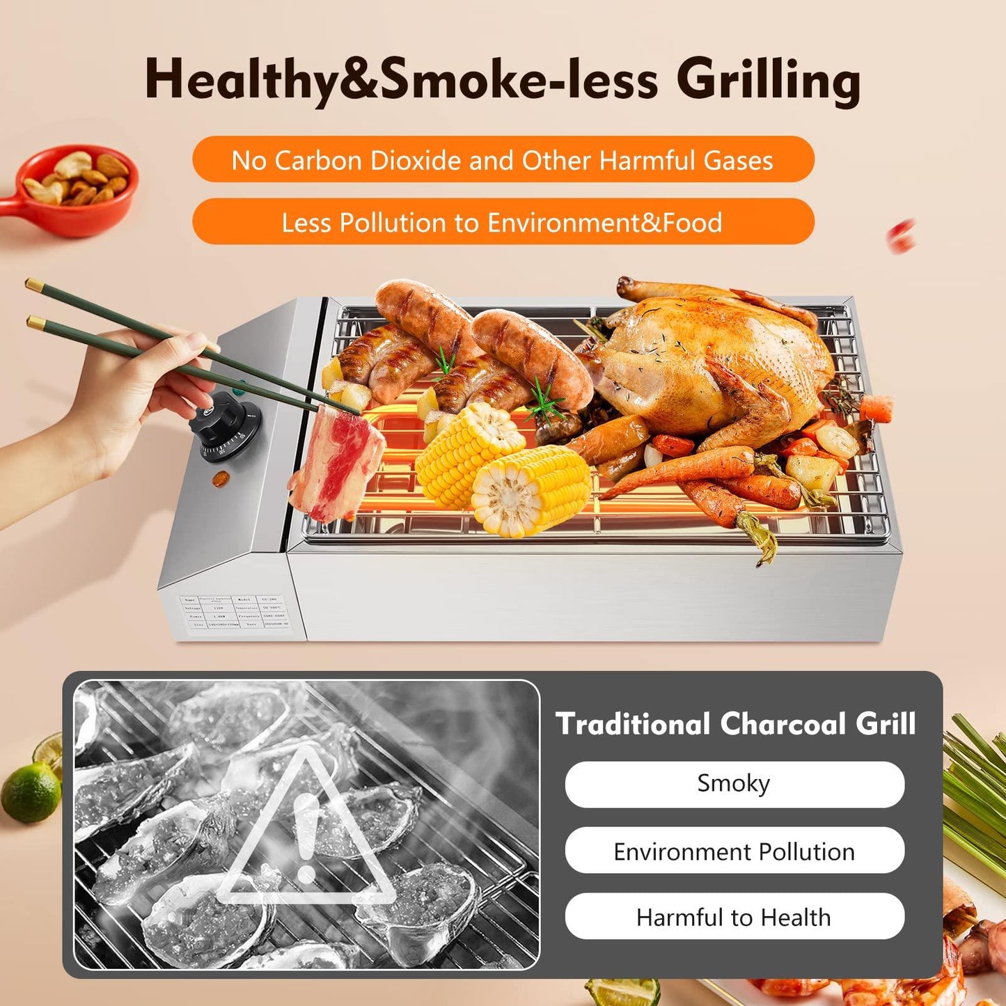 Electric Smokeless Indoor Grill - Electric Searing Grill with Adjustable Temperature Control to 572℉ Nonstick Indoor BBQ Rotisserie 1800W Portable Removable Stand Grill For Indoor Outdoor Camping - CookCave