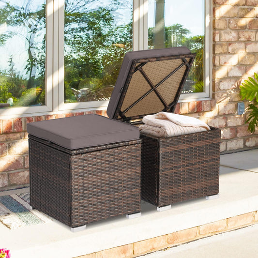 ORALNER 16" Outdoor Ottoman, Set of 2 Wicker Ottoman with Storage, All-Weather Rattan Cube Footstool w/Removable Cushions, Square Foot Rest Seating for Patio, Porch, Deck, Easy Assembly (Gray) - CookCave