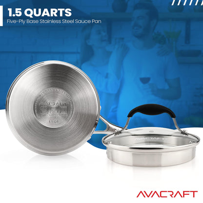 AVACRAFT Multipurpose Sauce Pan / Pot, Stainless Steel with Glass Strainer Lid, Two Side Spouts for Easy Pour with Ergonomic Handle (Tri-Ply Capsule Bottom, 1.5 Quart) - CookCave
